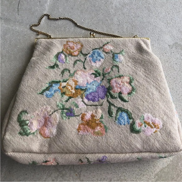 Floral Tapestry Carpet Bag Purse Vintage 50s 60s Embroidery Needle Mary Poppins - Picture 7 of 9